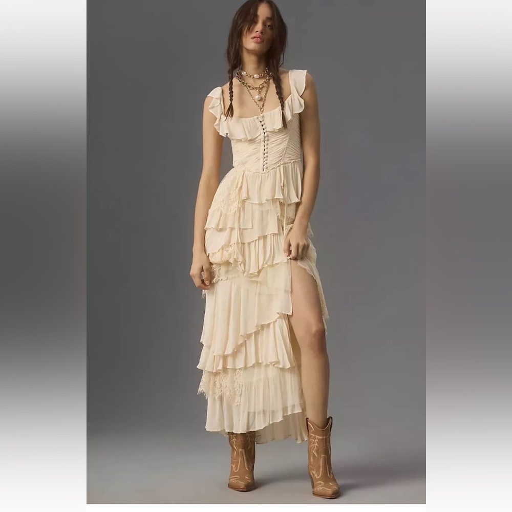 Anthropologie Corset Tiered Lace Ruffle Dress S Small Bridgerton